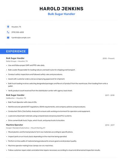 Bulk Sugar Handler Resume