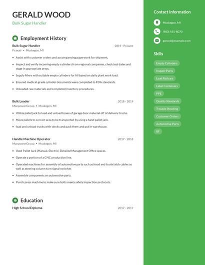 Bulk Sugar Handler Resume