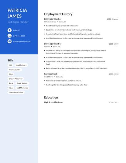 Bulk Sugar Handler Resume