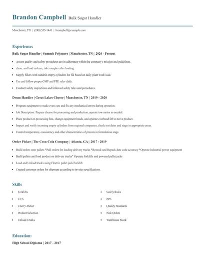 Bulk Sugar Handler Resume
