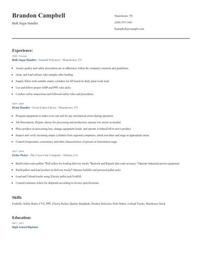 Bulk Sugar Handler Resume