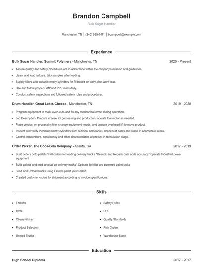 Bulk Sugar Handler Resume