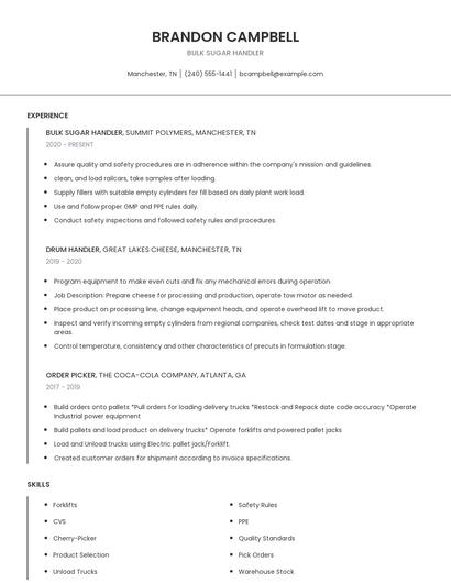 Bulk Sugar Handler Resume