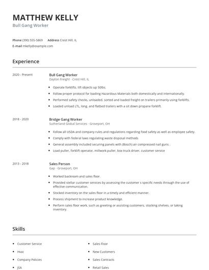 Bull Gang Worker Resume