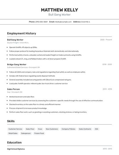 Bull Gang Worker Resume