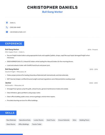 Bull Gang Worker Resume