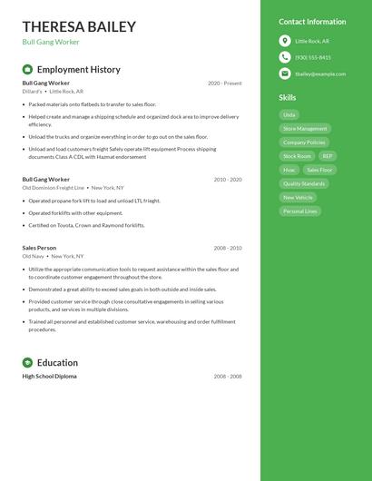 Bull Gang Worker Resume