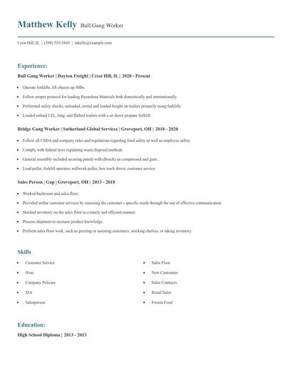 Bull Gang Worker Resume