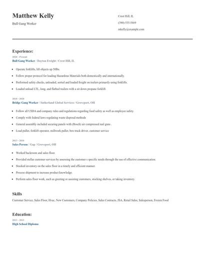 Bull Gang Worker Resume