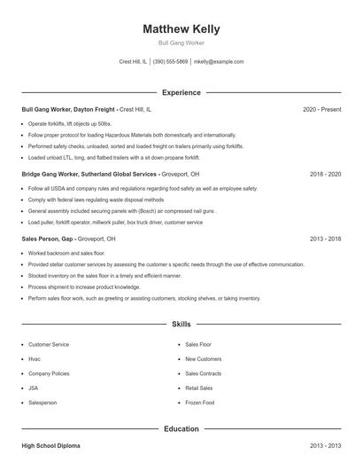 Bull Gang Worker Resume