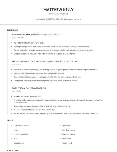 Bull Gang Worker Resume