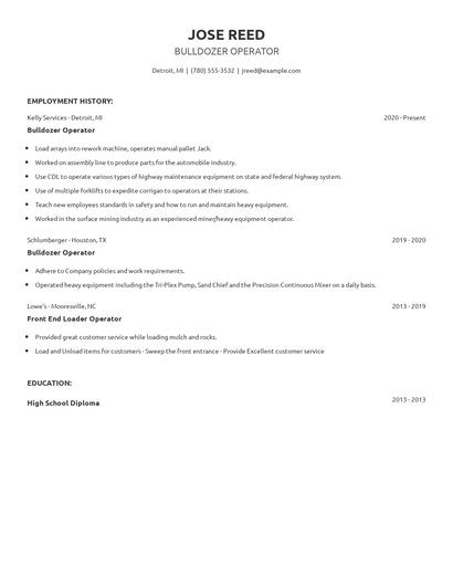 Bulldozer Operator Resume