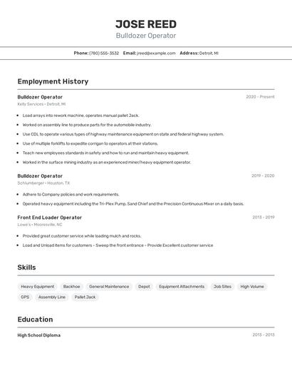 Bulldozer Operator Resume