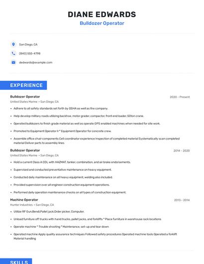 Bulldozer Operator Resume