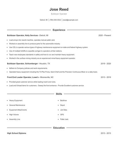Bulldozer Operator Resume