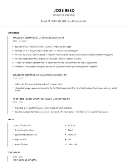 Bulldozer Operator Resume