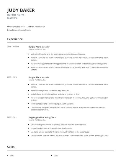 Burglar Alarm Installer Resume