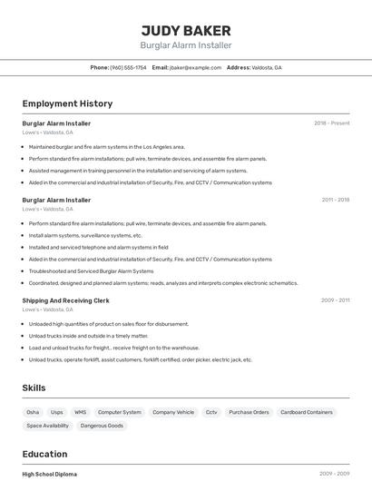 Burglar Alarm Installer Resume