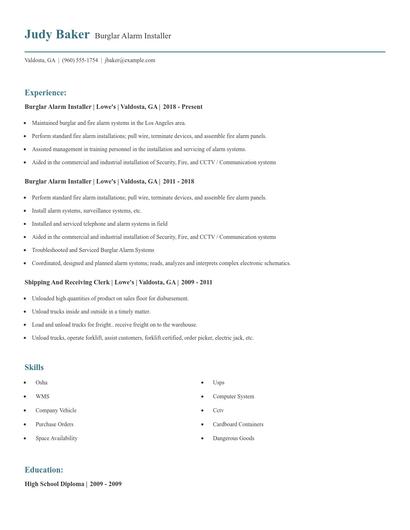 Burglar Alarm Installer Resume