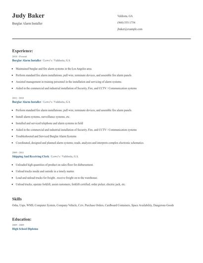 Burglar Alarm Installer Resume