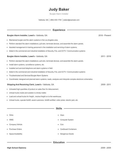Burglar Alarm Installer Resume