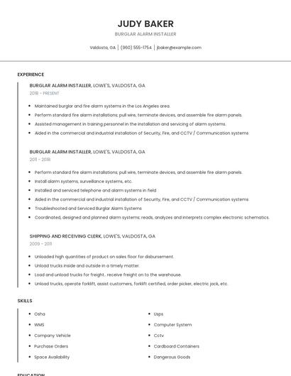 Burglar Alarm Installer Resume