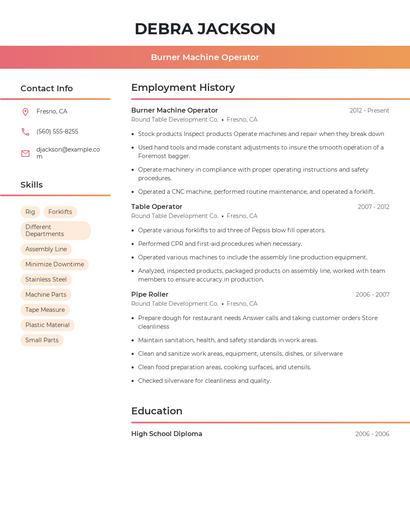 Burner Machine Operator Resume