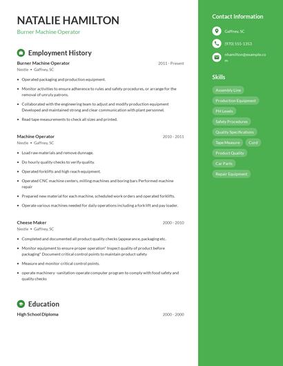 Burner Machine Operator Resume