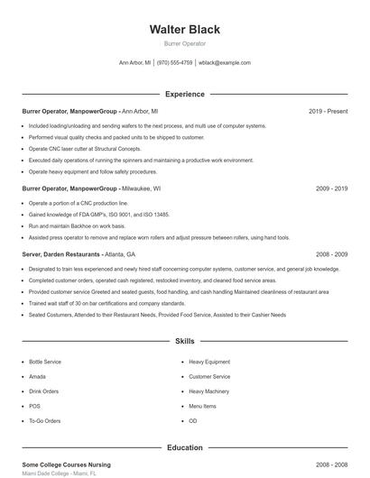 Burrer Operator Resume