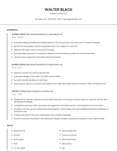 Burrer Operator Resume