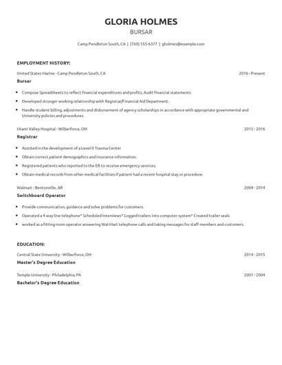 Bursar Resume