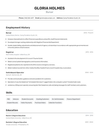 Bursar Resume