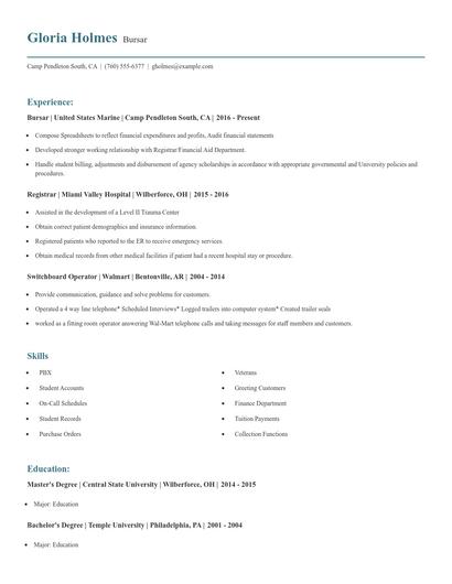 Bursar Resume