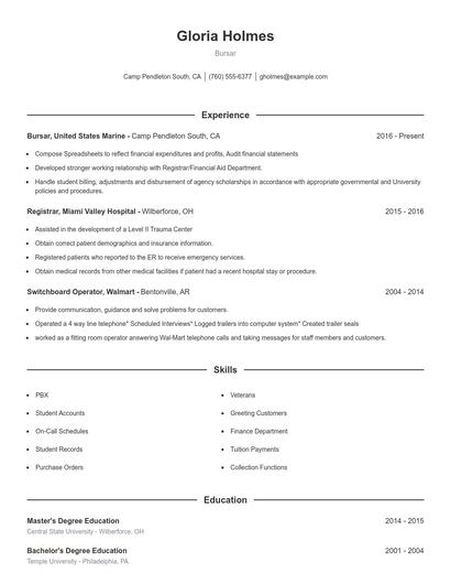 Bursar Resume