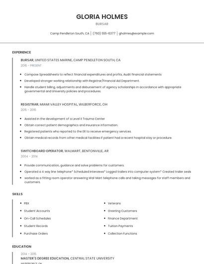 Bursar Resume