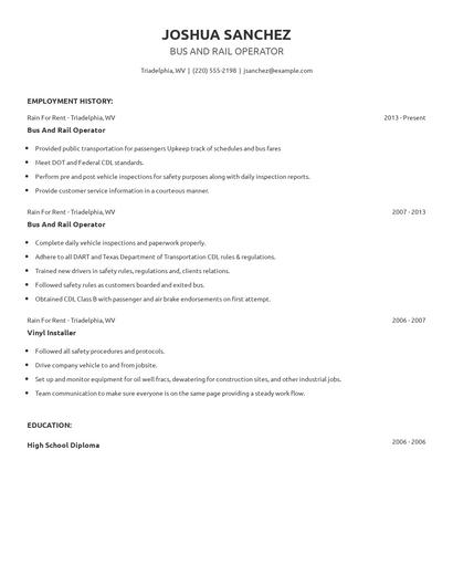 Bus And Rail Operator Resume