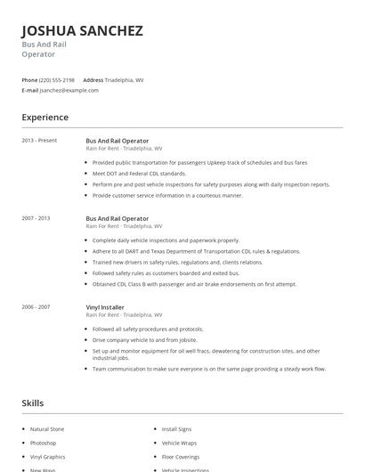 Bus And Rail Operator Resume
