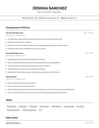 Bus And Rail Operator Resume