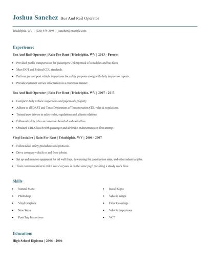Bus And Rail Operator Resume