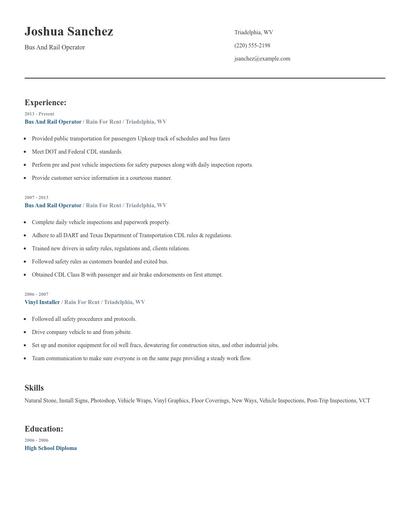 Bus And Rail Operator Resume