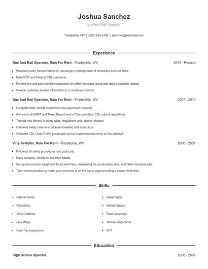 Bus And Rail Operator Resume