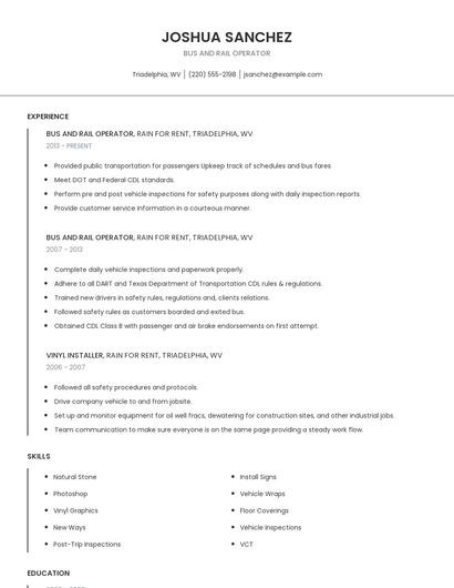 Bus And Rail Operator Resume