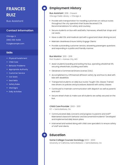 Bus Assistant Resume