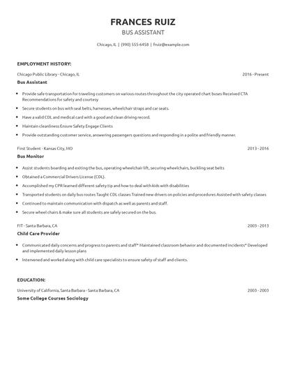 Bus Assistant Resume