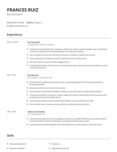 Bus Assistant Resume