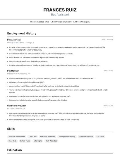 Bus Assistant Resume