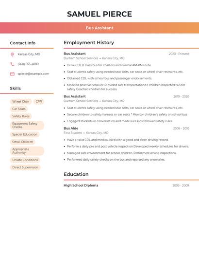Bus Assistant Resume