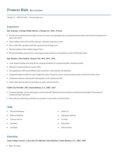 Bus Assistant Resume