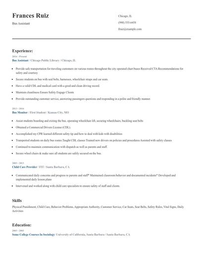 Bus Assistant Resume