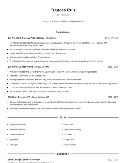 Bus Assistant Resume